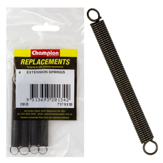 Champion 3" x 7/16" extension springs, 18-gauge, durable and flexible, perfect for DIY and professional projects. Pack of 4.