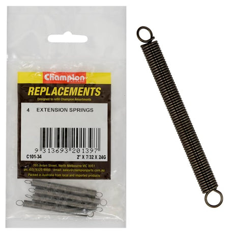 Champions 2-inch extension springs in a pack of 4, featuring durable 24-gauge wire for reliable tension and performance.