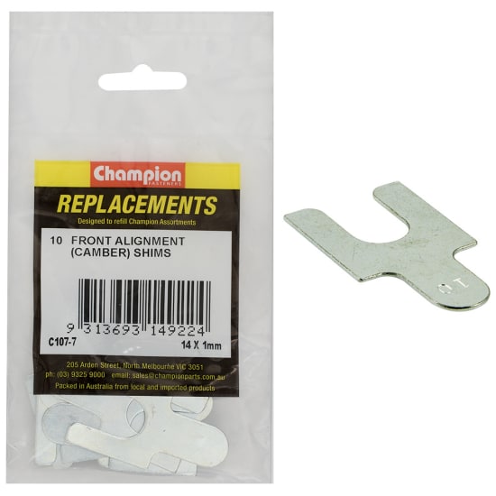 Ten durable 14mm x 1mm Champion Front Alignment Shims for precise vehicle wheel alignment and improved handling.