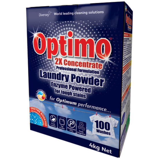 Optimo Laundry Powder 2X Concentrate 4kg, enzyme-boosted formula for tough stain removal and fresh-smelling clothes.