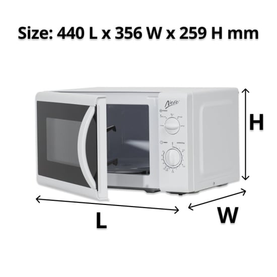 Nero Microwave White-20L: 700W, 20L capacity, turn dial controls, 255mm turntable, sleek white finish, pull handle door.