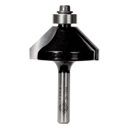Carbitool Chamfering Bit with 1/4" shank, 2-flute design, precision ball bearing guide for smooth, accurate chamfer cuts.