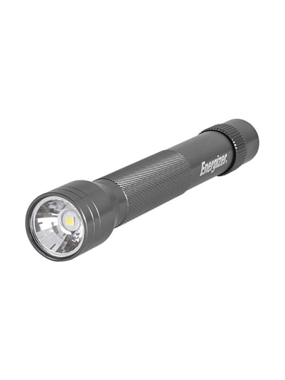 Energizer Metal LED 2AA flashlight, 60 lumens, 45m beam distance, rugged, energy-efficient, and long-lasting at 25 hours.