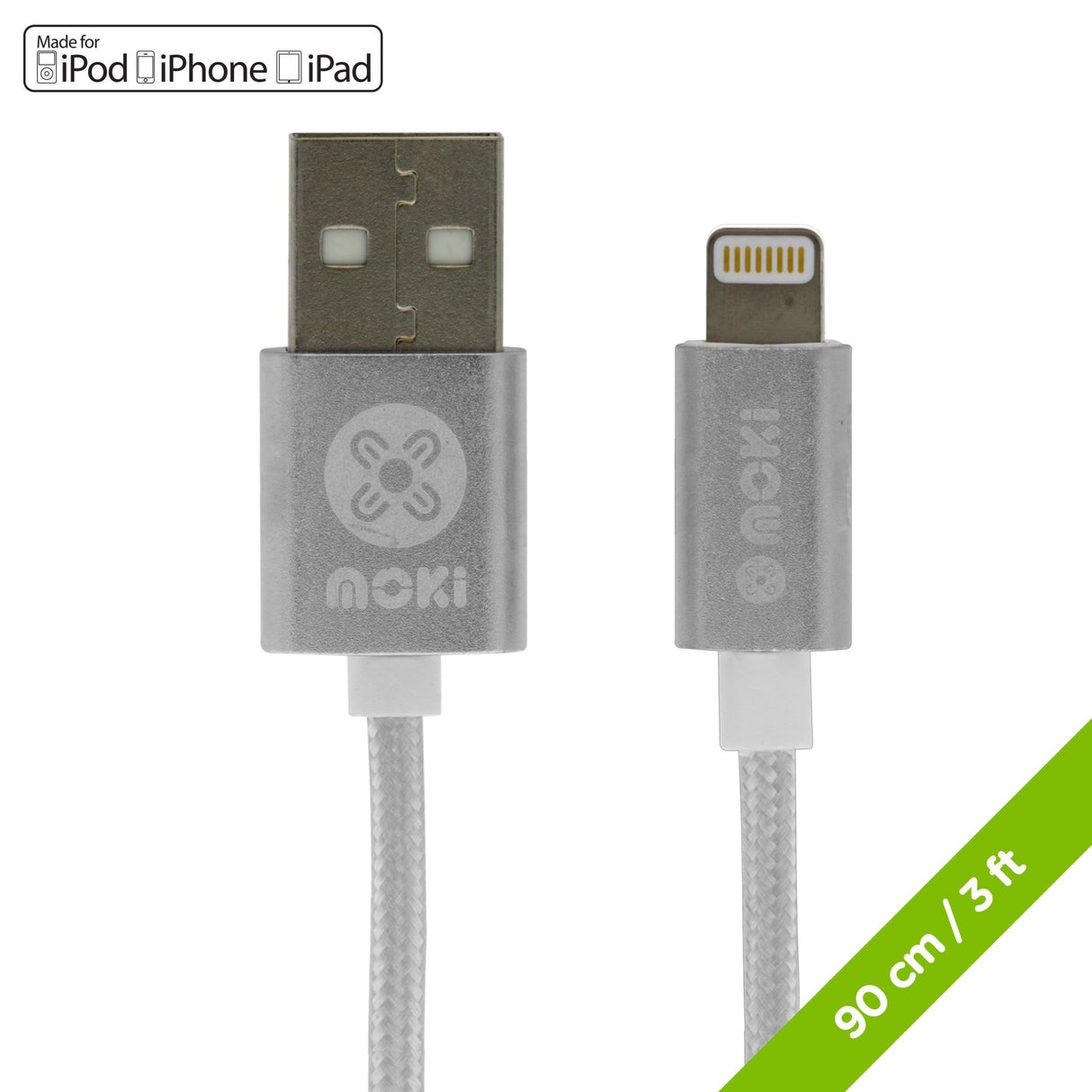 Moki Braided Lightning SynCharge Cable - Silver 90cm (Each)