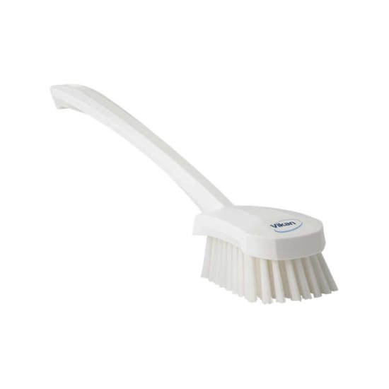 Vikan Churn Brush 415mm with ergonomic handle and angled bristles, ideal for cleaning deep containers and machinery.