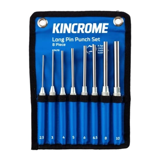 8 Piece Long Pin Punch Set made from durable Chrome Vanadium Steel with knurled finish, perfect for precision work and storage.