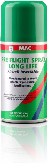 Aerosol can of MAC Pre-Flight Aircraft Insecticide, 100g, designed for effective pest control in aircraft interiors.