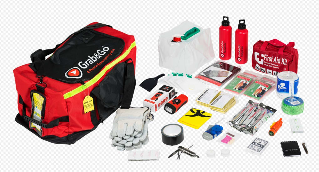 4-person emergency kit with N95 masks, food, water, clothing, and medication for disaster preparedness.