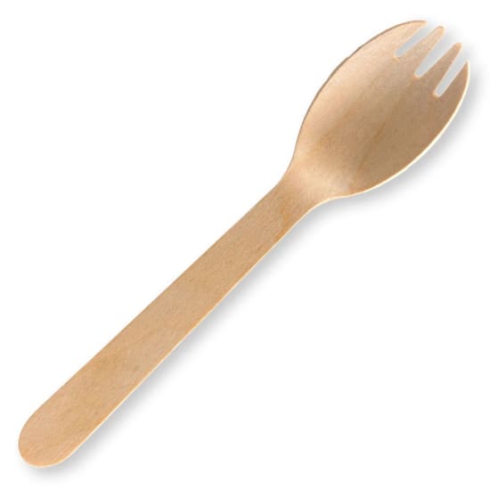 Eco-friendly 16cm wooden sporks made from certified birchwood, perfect for events and reducing plastic waste. Case of 2000.