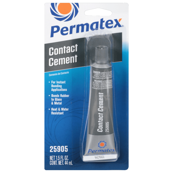 Permatex Contact Cement in a 44ml bottle, ideal for instant, strong bonds on various materials like wood, metal, and leather.