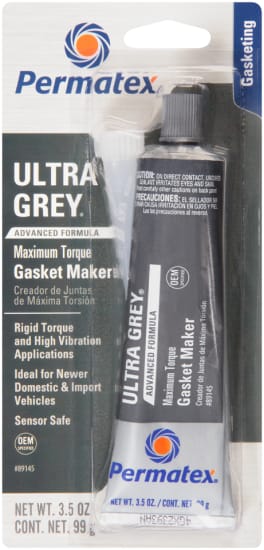 Permatex Ultra Grey RTV Silicone Gasket Maker tube for durable sealing in high-torque applications with low odor and non-corrosive formula.