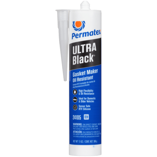 Permatex Ultra Black RTV Silicone Gasket Maker in a 368g tube, designed for superior flexibility and oil resistance for automotive sealing.