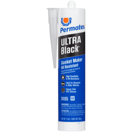 Permatex Ultra Black RTV Silicone Gasket Maker in a 368g tube, designed for superior flexibility and oil resistance for automotive sealing.