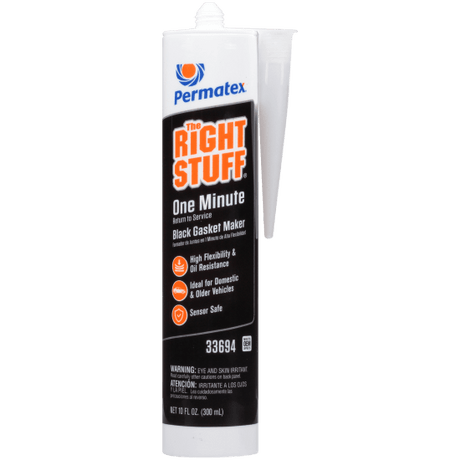 Permatex Right Stuff 1 Minute Black Gasket Maker in a 300ml tube, designed for fast, leak-proof seals and quick reassembly.