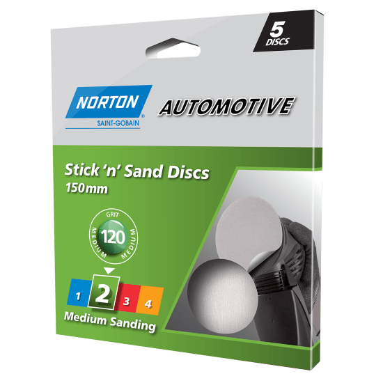 Norton Stick 'n' Sand Auto Discs P120, 150mm, pack of 5; durable abrasive discs with adhesive backing for various sanding tasks.