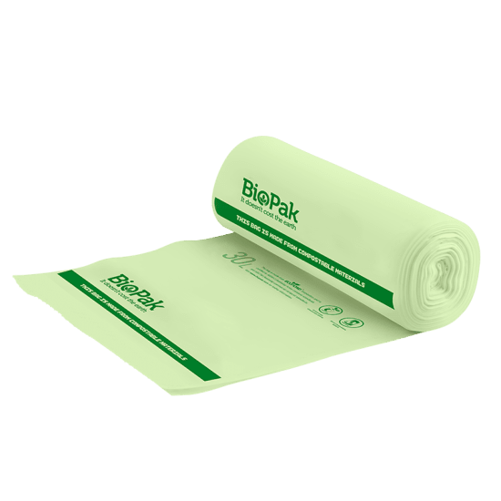 Eco-friendly Biopak 80L compostable bin liners, strong and durable, designed for organic waste disposal, 240 per case.