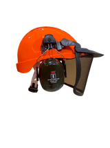 High-visibility Flo Orange forestry helmet with steel mesh visor and attachable earmuffs for optimal protection and comfort.
