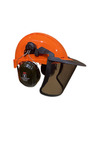 Prosafe Forestry Helmet Visor Combo in Flo Orange with steel mesh visor and earmuffs, designed for optimal safety and comfort.