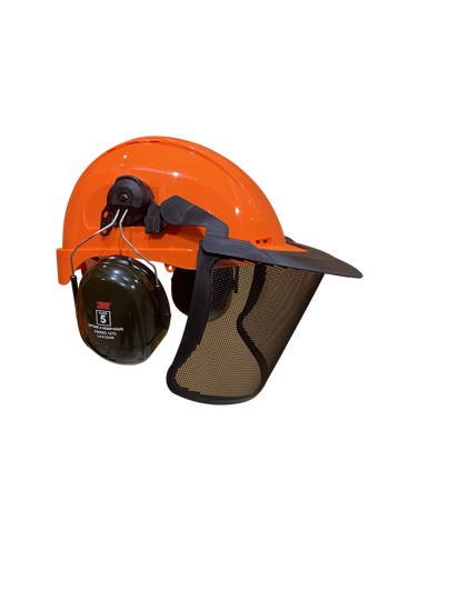 Prosafe Forestry Helmet Visor Combo in Flo Orange with steel mesh visor and earmuffs, designed for optimal safety and comfort.