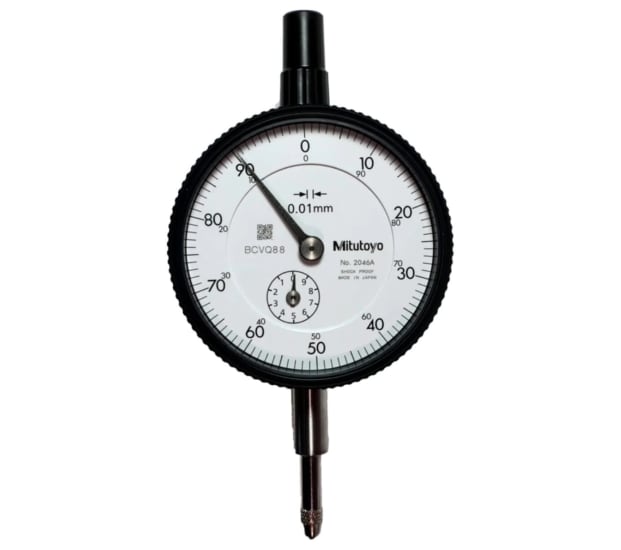 Mitutoyo 2046A dial indicator featuring a 10mm range, 0.01mm graduation, and durable lug back design for precise measurements.