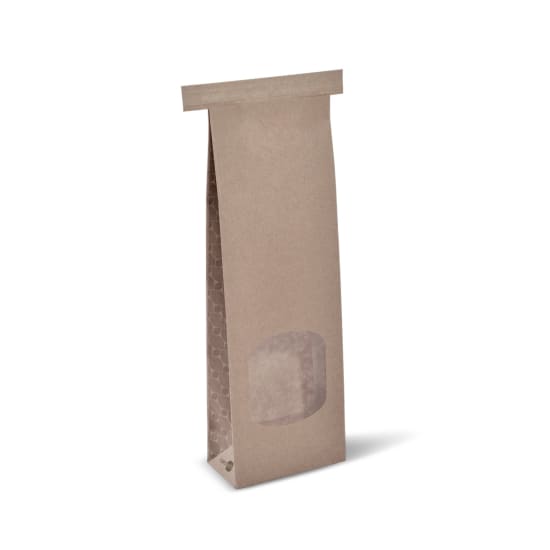 Eco-friendly brown window tin-tie bag for food packaging, compostable, with resealable feature and plant-based lining.