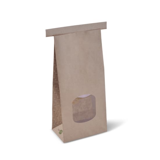 Eco-friendly medium window tin-tie bag, compostable, ideal for packaging coffee, teas, and snacks, showcasing contents clearly.