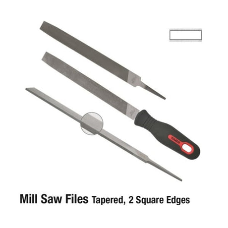 Toledo Tapered Mill Saw File, 250mm, with precise single cuts on all sides for smooth finishes in woodworking and metal shaping.