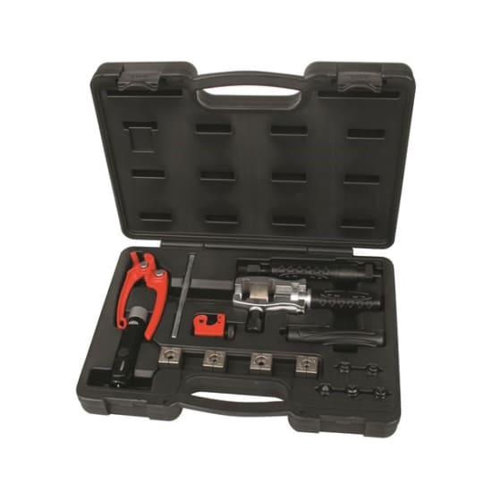 Hydraulic flaring tool kit for precise flaring of various metal pipes, includes dies, punches, and mini tube cutter.