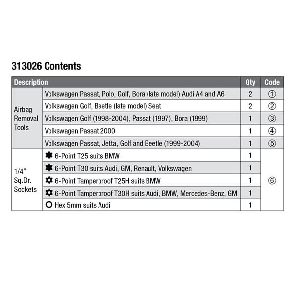 Toledo Air Bag Removal Kit 12 Piece