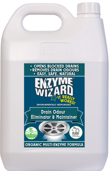 5L bottle of Enzyme Wizard Drain Odour Eliminator & Maintainer, eco-friendly enzyme formula for fresh, odour-free drains.