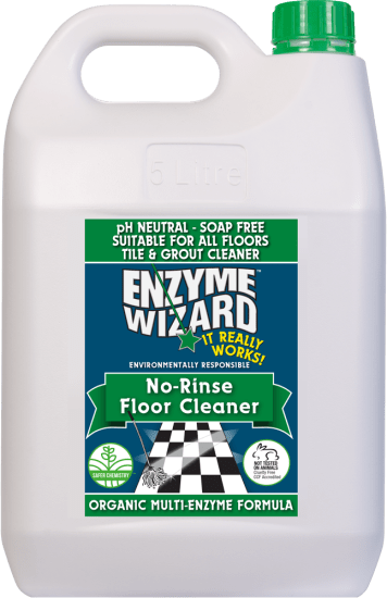 No-rinse enzymatic floor cleaner in a 5L container, effectively tackles stains and odors for pristine hard floors.