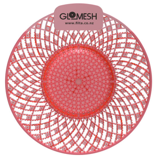 Glomesh Spiral Biological Urinal Screen in Mango scent, offering odor control and hygiene with dual-action formula for all urinals.