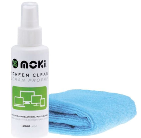 Moki Screen Clean kit with 120ml antibacterial spray and lint-free microfibre cloth for cleaning laptops and devices.