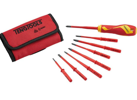 Teng 9-piece insulated interchangeable blade set with diverse tips, safe for live work up to 1,000 volts, in a portable wallet.