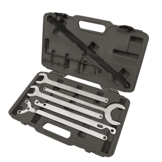 Toledo 10-piece spanner set for efficient vehicle cooling system maintenance, including locknut spanners and blow mold case.