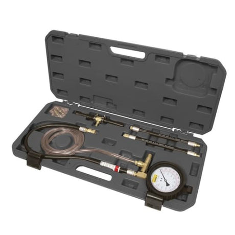 Toledo Fuel Pressure Test Kit with adaptors, hoses, and gauge for comprehensive fuel system diagnostics in vehicles.