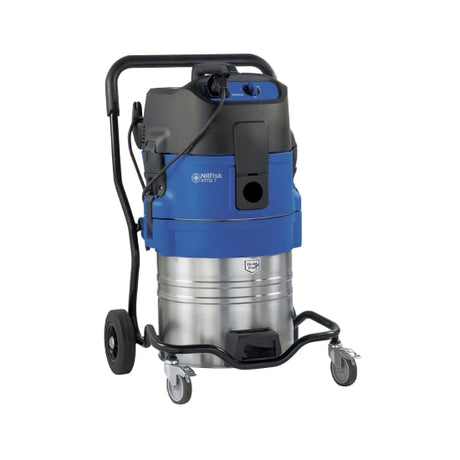 Nilfisk Attix 751-61 Liquid Disposal Vacuum with 70L capacity, built for efficient wet cleaning and automatic liquid discharge.