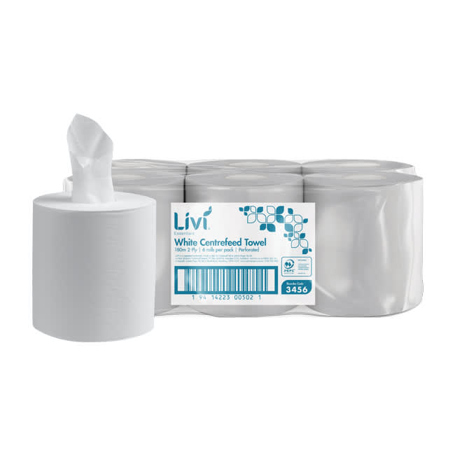 Essentials 2 Ply Centrefeed Paper Towel White 180m per roll - Livi