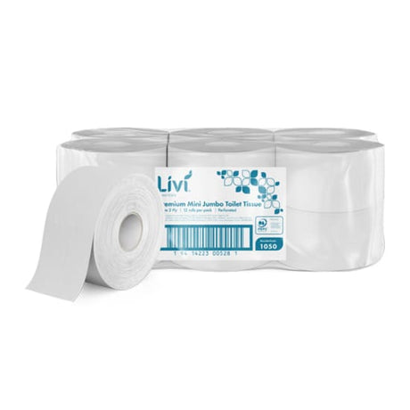 Livi Essentials 2-ply toilet paper mini jumbo roll, 170m, soft tissue, ideal for high-traffic and smaller bathrooms, case of 12.