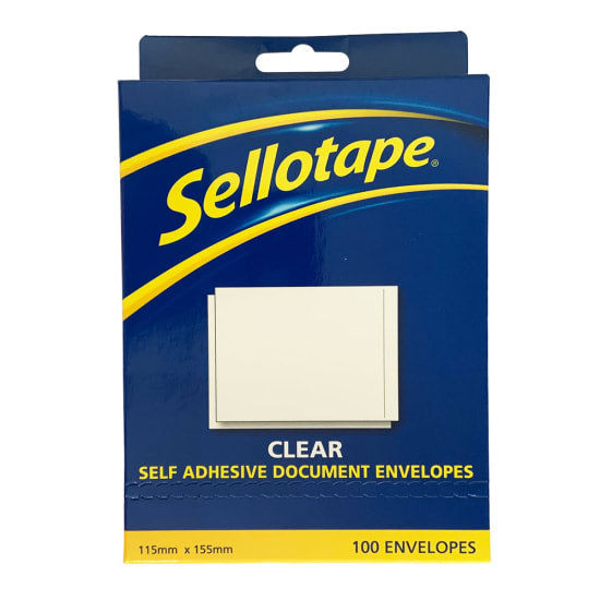 Clear label envelopes (115 x 155mm) in a 100-pack, tear-proof and water-resistant, ideal for effective labeling and organization.