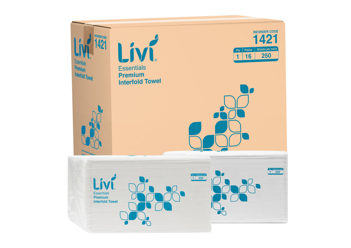 Livi Essentials 1 ply Interfold Paper Towel 250 Sheets (Case of 16 Packs)
