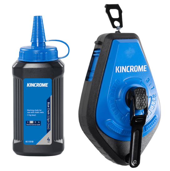 Kincrome 3:1 chalk reel featuring a durable 1.1mm line, fast rewind, chalk-viewing window, and included blue chalk bottle.