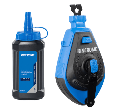 Kincrome 6:1 chalk reel features a durable design, quick chalk refill system, and comes with blue chalk for precision marking.