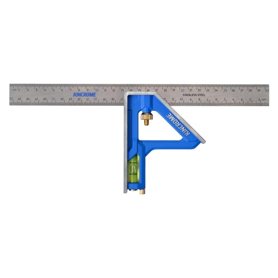 Kincrome 300mm combination square with etched stainless steel blade, blue metric increments, and impact-resistant vial for precise measurements.