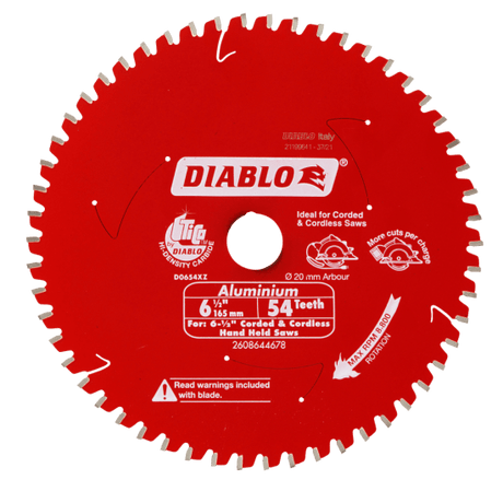 High-performance Diablo 54T-165mm saw blade with Micro-Grain Carbide for clean cuts in aluminium and plastics.