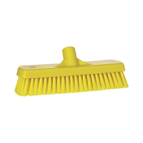 Vikan Deck Scrub Brush 305mm with 46mm hard bristles, ideal for cleaning tiled floors and food prep areas, FDA approved.