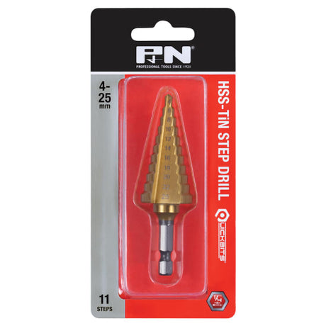 P&N Quickbits Step Drill-4-25mm for clean, precise drilling in metal, plastic, and fiberglass; features TiN coating for durability.