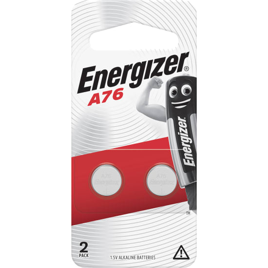 Energizer A76 1.5V coin batteries in a pack of 2, ideal for powering watches, toys, and glucose monitors.