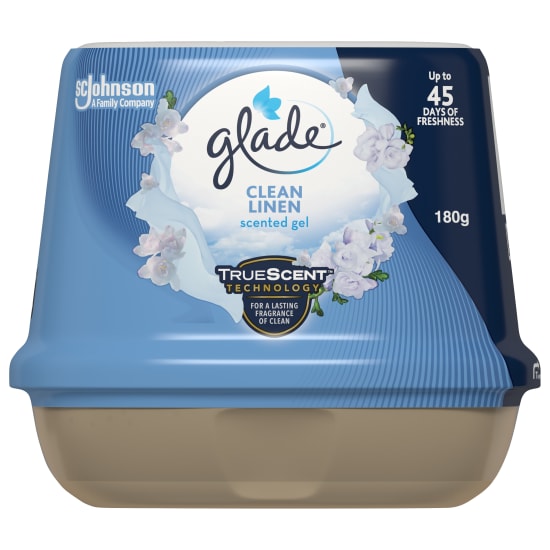 Glade Solid Gel Clean Linen 180g: Decorative air freshener with consistent fresh linen fragrance, lasts up to 45 days.