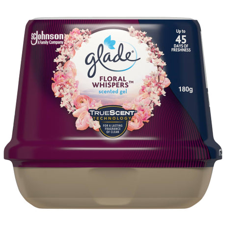 Glade Solid Gel Floral Whisper 180g, a decorative air freshener with floral fragrance and 45 days of odor control.